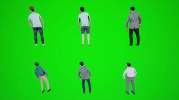 3d animación de seis hombres en pie en un verde pantalla y mirando a el reloj. video