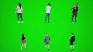 3D animation of six women standing on a green screen and waiting in the street. video