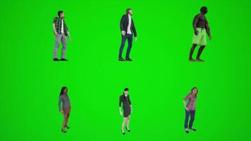 3D animation of six men and women standing on a green screen and waiting in the video