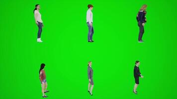 3D animation of six women standing on a green screen and waiting in the street. video