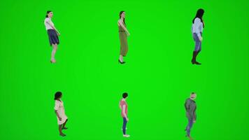 3d animación de seis mujer en pie en un verde pantalla y esperando en el playa. video