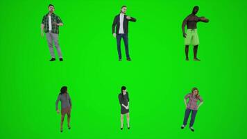 3D animation of six men and women standing on a green screen and waiting in the video