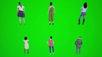 3D animation of six women standing on a green screen and waiting on the beach. video