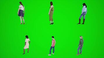 3D animation of six women standing on a green screen and waiting on the beach. video