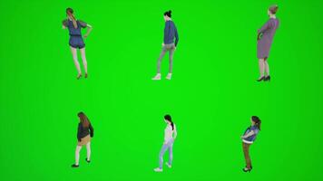 3D animation of six women standing on a green screen and waiting in the market video