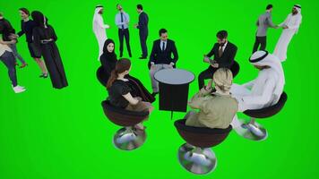 3d animación de un negociación Entre europeos y árabes sentado alrededor un mesa video
