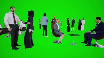 3D animation of a group of Europeans and Arabs talking in the buffet of the video