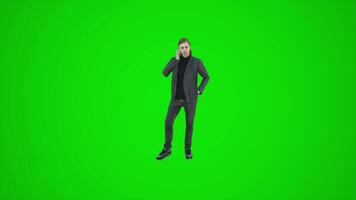 3D animation of designer man on green screen walking talking on phone in chroma video