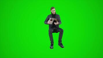 3D animation of a translator man sitting on a green screen reading a book in video