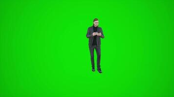 3D animation of reporter man on green screen walking and investigating chroma video