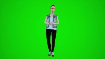 3D animation of a saleswoman standing on a green screen selling and talking to a video