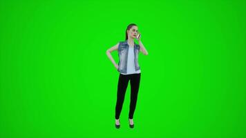 3D animation of a female secretary standing on a green screen talking on the video