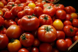 AI generated Bursting drawer a variety of ripe, colorful tomatoes in abundance photo