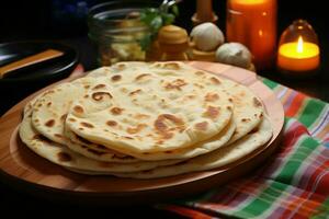 AI generated Homemade warmth roti chapati, a delicious flatbread, graces the table photo