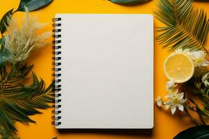 AI generated Spring and summer vibes Flat lay of blank notebook workspace photo