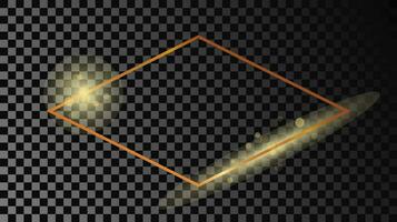 Gold glowing rhombus  shape frame isolated on dark background. Shiny frame with glowing effects. Vector illustration.