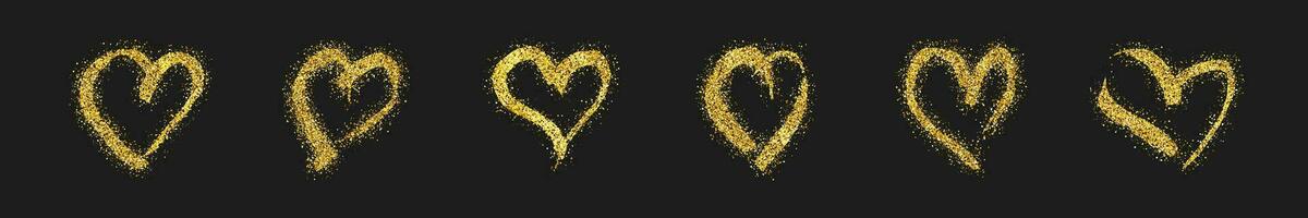 Set of six gold glitter doodle hearts on dark background. Gold grunge hand drawn heart. Romantic love symbol. Vector illustration.