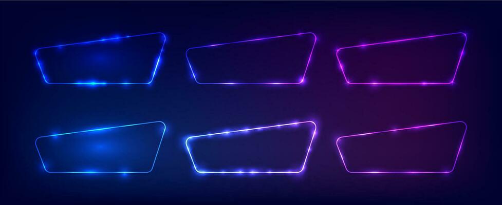 Set of six neon frames with shining effects