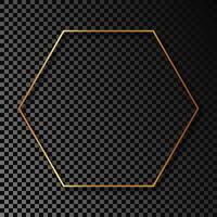 Gold glowing hexagon frame with shadow isolated on dark background. Shiny frame with glowing effects. Vector illustration.