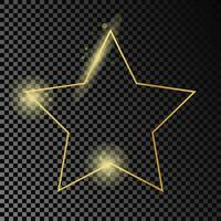 Gold glowing star shape frame isolated on dark background. Shiny frame with glowing effects. Vector illustration.