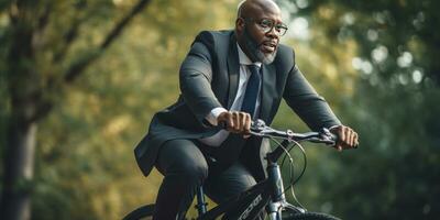 ai generado elegante negro hombre en traje ciclismo en ciudad. ai generativo. foto
