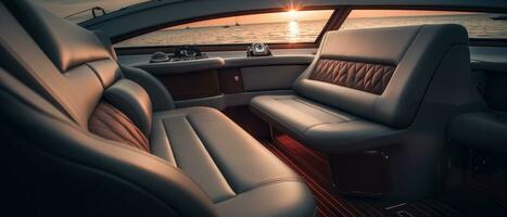 AI generated Luxury boat interior at sunset, ambient lighting. AI generative. photo