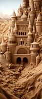 AI generated Bright and cheerful image of a sandy beach with a sandcastle. photo