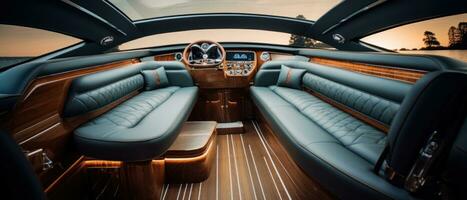 AI generated Luxury boat interior at sunset, ambient lighting. AI generative. photo