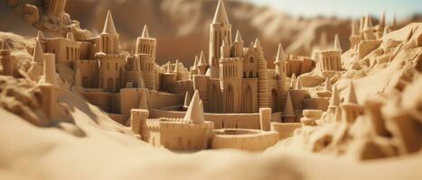 AI generated Magnificent sand castle on golden sand, with intricate towers. AI generative. photo