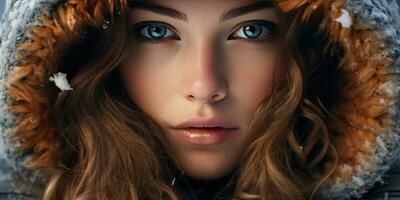 AI generated Close-up of woman in hooded coat, intense gaze, and detailed facial features. AI generative. photo