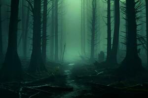 ai generado obsesionante ambiente 3d representación de brumoso bosque con misterioso concepto foto