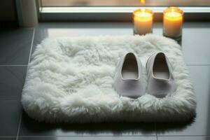 AI generated Inviting scene a bath mat and fluffy slippers form a comfortable top view photo