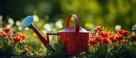 AI generated Charming watering can in a vibrant garden. AI generative. photo