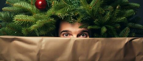 AI generated Playful man hiding behind Christmas tree. AI generative. photo