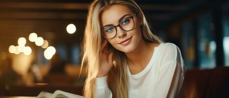 ai generado mujer en lentes absorbido en un libro a un biblioteca escritorio. ai generativo. foto