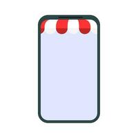 Online store in smartphone with awning. Smartphone mobile window retail with red awning, service shopping market place illustration vector