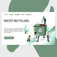 Waste recycling landing page, people pick up garbage and collect into bin. Vector recycle waste, landfill website illustration