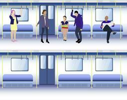 Full and empty underground carriage. Rush hour and off-peak in public transport, vector subway wagon interior with seats illustration