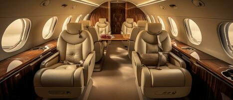 AI generated Luxurious private jet interior, leather seats, plush upholstery. AI generative. photo