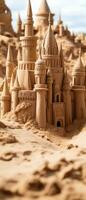 AI generated Bright and cheerful image of a sandy beach with a sandcastle. photo