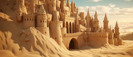 AI generated Magnificent sand castle on golden sand, with intricate towers. AI generative. photo