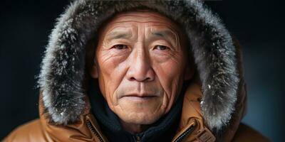 ai generado asiático mayor hombre en invierno atuendo, con gorro y chaqueta. ai generativo. foto