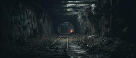 AI generated Eerie underground tunnel with abandoned train track. AI generative. photo