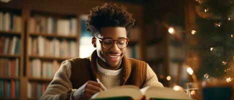 ai generado tranquilo biblioteca atmósfera, joven lectores absorbido en libros. ai generativo. foto