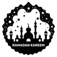 Ramadan Kareem black and white label with mosque silhouette. Vector illustration.