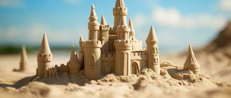 AI generated Meticulously crafted sandcastle against the ocean. AI generative. photo