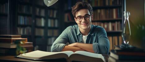 AI generated Young man in glasses deeply engrossed in a book, in a library. AI generative. photo