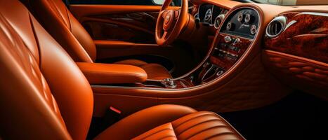 AI generated Luxury car interior with tan leather seats, classic elegance. AI generative. photo