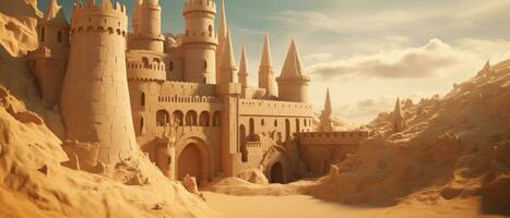 AI generated Magnificent sand castle on golden sand, with intricate towers. AI generative. photo