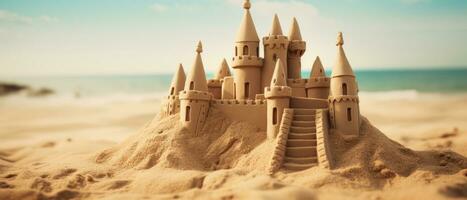 ai generado de cerca de un detallado castillo de arena en un suave playa. ai generativo. foto